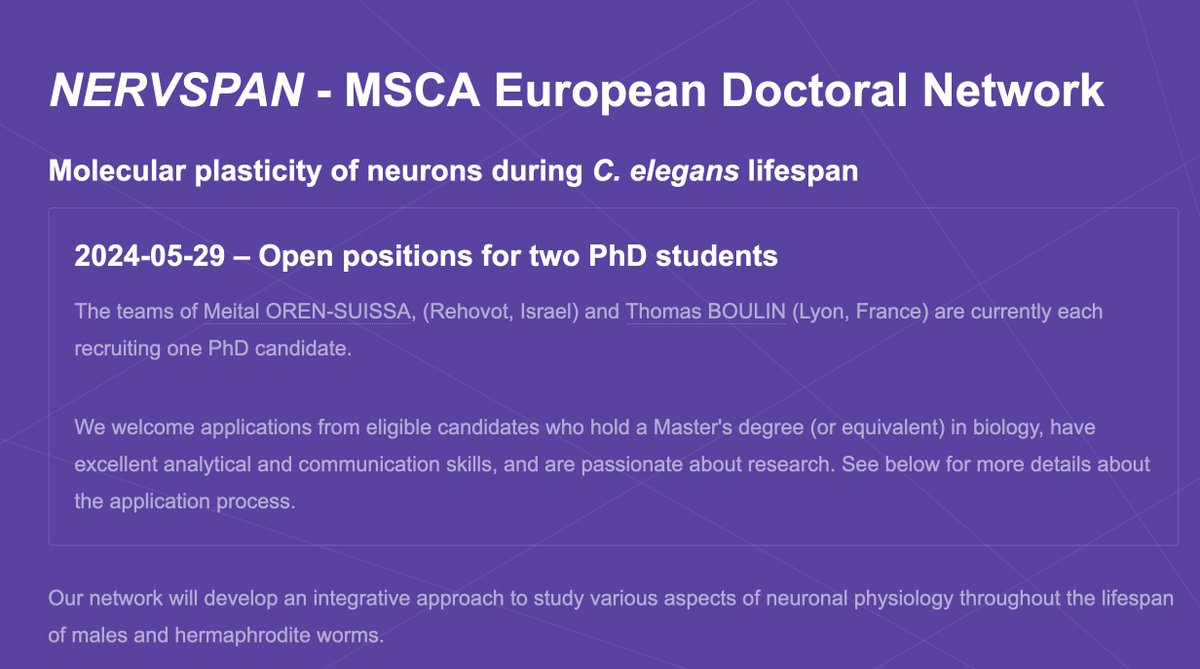 Meital Oren-Suissa (@meitaloren) on Twitter photo Please retweet! TWO open position for PhD candidates at my lab and Thomas Boulin's lab <a href="/Boulin_Lab/">The Boulin Lab</a>, within the framework of the European Training Network: Molecular plasticity of neurons during C. elegans lifespan. for more info- excitingworms.eu/nervspan/index… Please retweet! TWO open position for PhD candidates at my lab and Thomas Boulin's lab <a href="/Boulin_Lab/">The Boulin Lab</a>, within the framework of the European Training Network: Molecular plasticity of neurons during C. elegans lifespan. for more info- excitingworms.eu/nervspan/index…