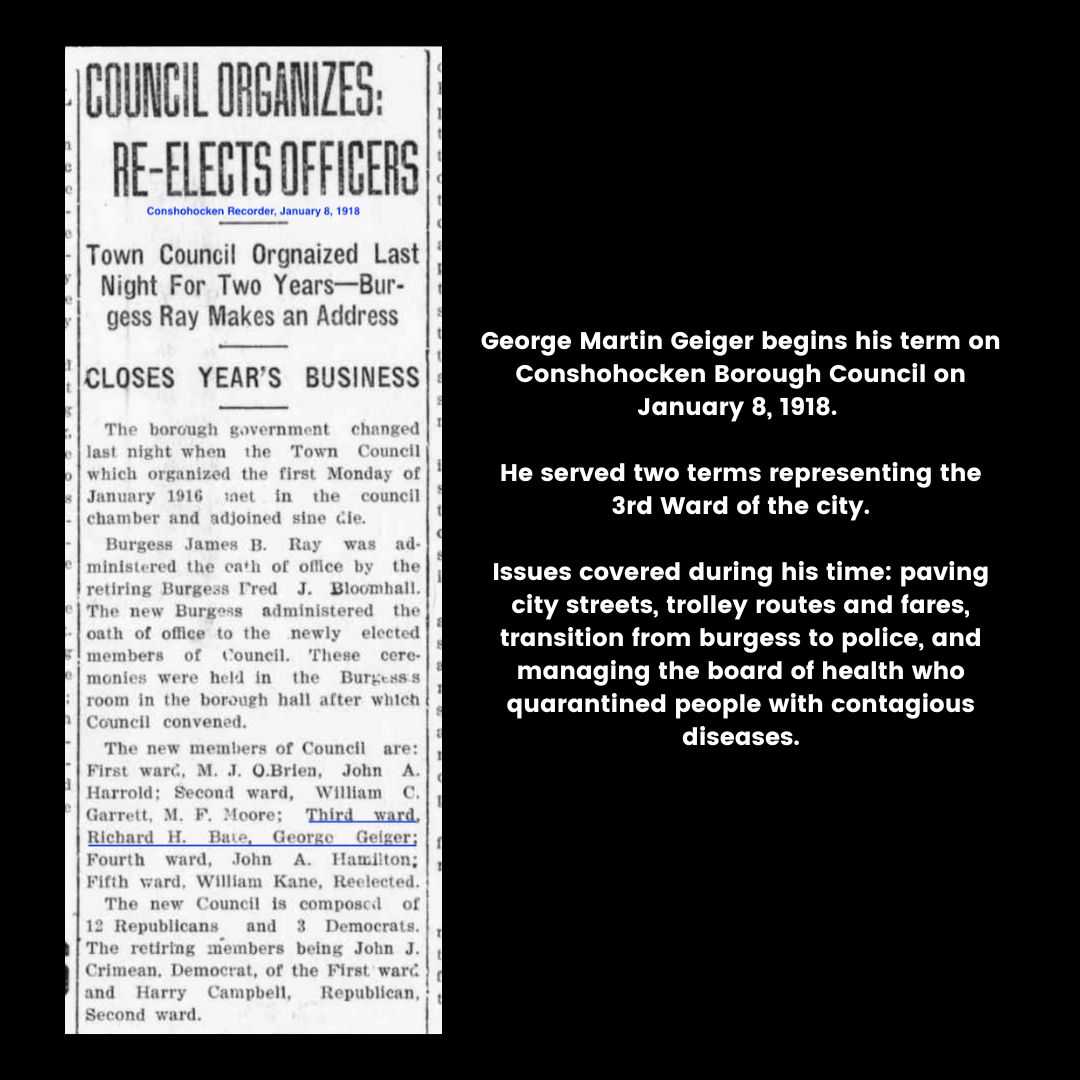 denyse__allen's tweet photo. Found myself going down he rabbit hole of reading Conshohocken Borough Council updates when I learned my ancestor George Geiger served from 1918-1926.  #10daysofchronicles https://t.co/fDjZYIGpZw