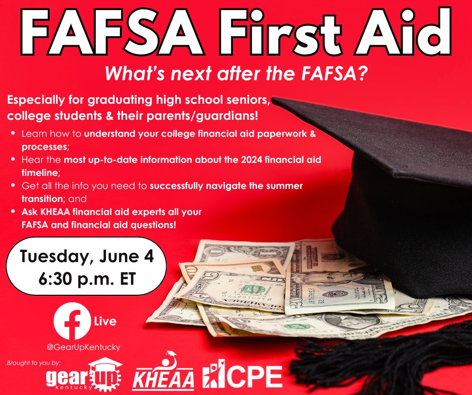 TOMORROW NIGHT (Tues., 6/4)! Don't miss info &amp; Q&amp;A about FAFSA/financial aid w/ <a href="/KHEAA/">KHEAA</a> experts! More info: gearupky.tiny.us/FAFSA1stX <a href="/cpepres/">Dr. Aaron Thompson</a> <a href="/CPENews/">Kentucky Council on Postsecondary Education</a> #GEARUPworks