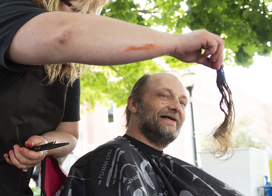 Hairstylist Julie Sawatzky gives free haircuts at St. John the Evangelist Anglican Church in Kitchener. Over the last six years, she says she’s done around 200 free haircuts, colouring, and styling for people in need through the group 519 Community Collective.