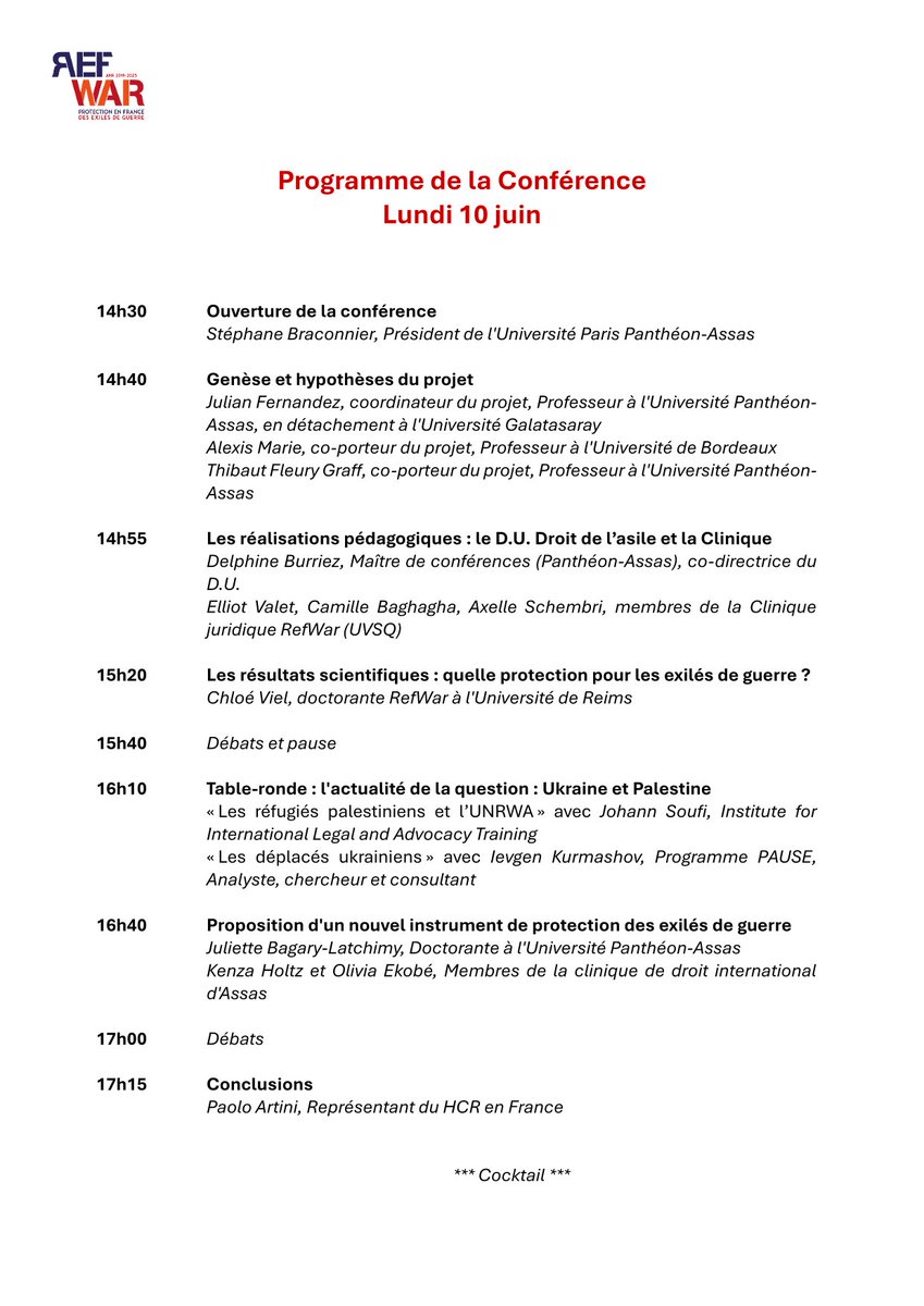 Centre Thucydide / AFRI (@afrithucy) on Twitter photo 🗓️10 juin 14h30 Centre Panthéon Salle des Conseils
“Protection en France des exilés de guerre”
Conférence de clôture du projet <a href="/AgenceRecherche/">ANR - Agence nationale de la recherche</a> <a href="/ProjetRefwar/">Projet #RefWar</a> conduit par les Pr <a href="/julio_fz/">julian fernandez</a> <a href="/fleurygraff/">Thibaut Fleury Graff</a> et <a href="/alexilence/">Alexis Marie</a>.
➡ Inscription lnkd.in/eMdUtigD 🗓️10 juin 14h30 Centre Panthéon Salle des Conseils
“Protection en France des exilés de guerre”
Conférence de clôture du projet <a href="/AgenceRecherche/">ANR - Agence nationale de la recherche</a> <a href="/ProjetRefwar/">Projet #RefWar</a> conduit par les Pr <a href="/julio_fz/">julian fernandez</a> <a href="/fleurygraff/">Thibaut Fleury Graff</a> et <a href="/alexilence/">Alexis Marie</a>.
➡ Inscription lnkd.in/eMdUtigD