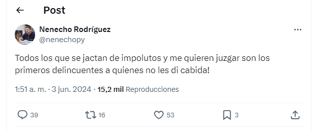 delpynews's tweet photo. ▶️ MBA'E PIKO? | 😳

💣Uno que empezó tranqui el lunes es Óscar "Nenecho" Rodríguez.

El intendente de Asunción descargó su enojo en X y se acordó de muchos. 🫣

👀Y eso que el Real Madrid ganó la Champions. https://t.co/iTJdkqUOYH