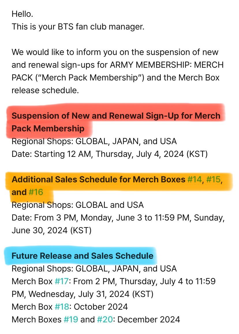 912daze's tweet photo. ARMY MEMBERSHIP: MERCH PACK Sign-Up Suspension and MERCH BOX Release Schedule

After reading it from all country sites and shops, here's what I understand... 

There's 3 parts to this, I color-coded them and made a thread 👇 https://t.co/70qB8XkWtp