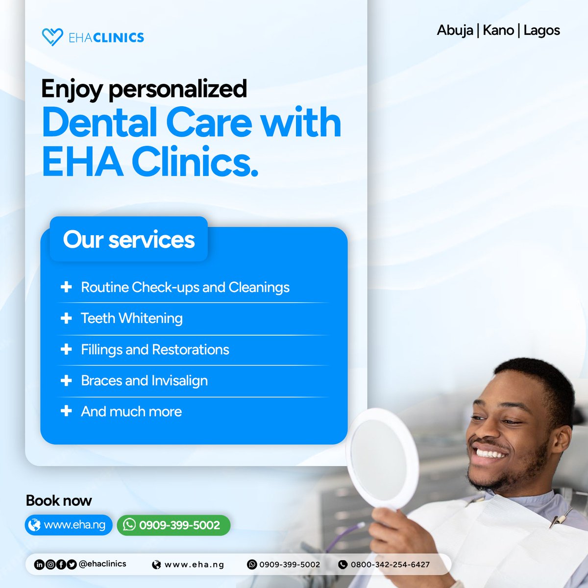 EHAClinics's tweet photo. With our comprehensive range of dental services and personalized care, we're here to make your dental experience enjoyable and stress-free.

Chat with us on WhatsApp at 0909 399 5002 or visit https://t.co/N7ehSxhNjo to book an appointment.

#EHAClinics #HealthySmile #DentalHealth https://t.co/OzjDi4pP9K