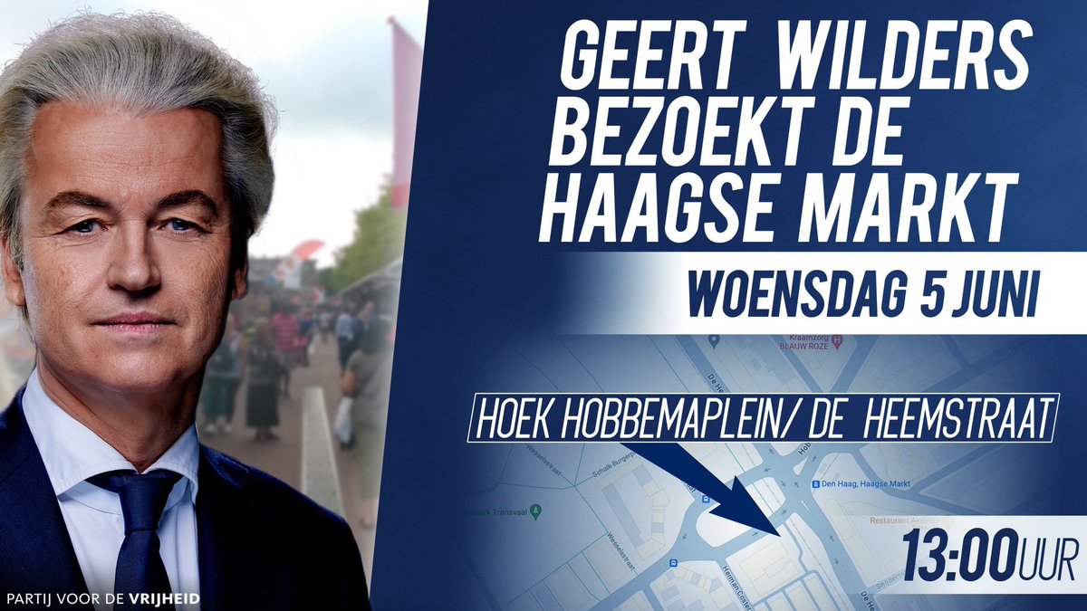 geertwilderspvv's tweet image. Woensdag ga ik naar de Haagse Markt om 13.00 uur! Kom ook! 👍

#PVV #StemPVV #EP