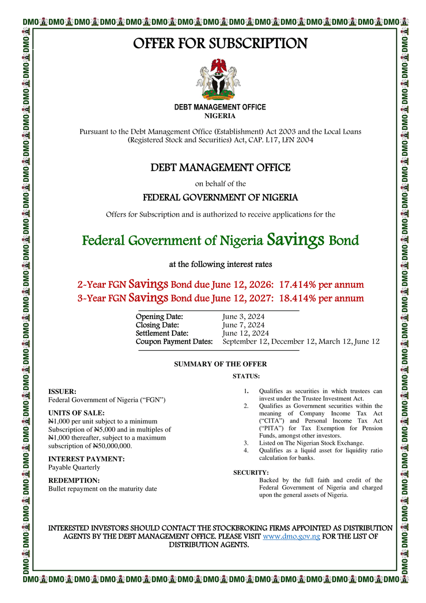 DMONigeria's tweet photo. FGN Savings Bonds (JUNE 2024)

This month of June, @NigeriaGov is offering for subscription, through @DMONigeria, the 2-yr and 3-yr FGN Saving Bonds highlighted in the Circular below.

Offer opens today and closes this Friday. #fgnsb

To invest, please contact your stockbroker; https://t.co/qaZtinSEI6