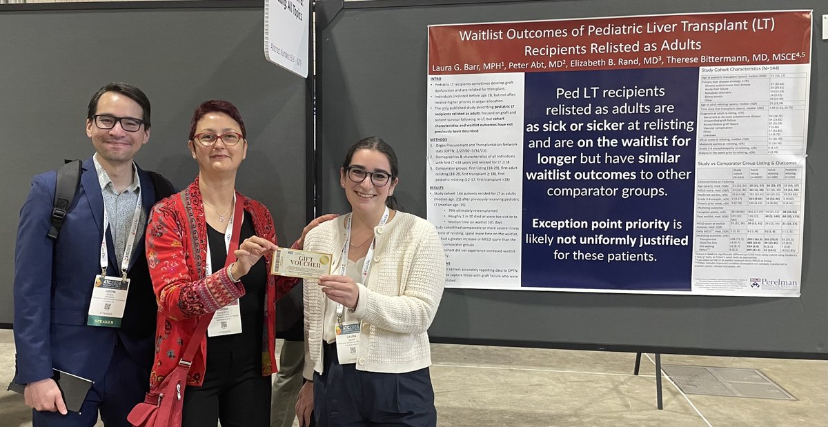 Congratulations to all the PCOP 6/2/24 poster walk winners on all your hard work and excellent posters. Pictured is best poster winner "Waitlist Outcomes of Pediatric Liver Transplant Recipients Relisted as Adults from Laura Barr et al"