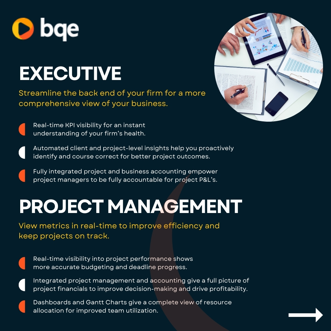 bqesoftware's tweet image. What if you could streamline business processes and gain insights to grow your firm and boost profits? See how leading companies use BQE Software to maximize productivity. 

Request a demo here: bqe.com/request-demo 

#ProjectManagement #ProductivityBoost #EfficientTracking