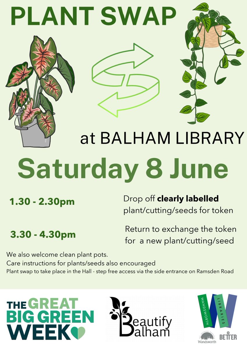 Im_Negomi's tweet image. NOT LONG NOW!
Saturday 8 June to celebrate this years #GreatBigGreenWeek,  #BalhamLibrary with @BeautifyBalham is hosting a #PlantSwap 🌿 
Drop your *clearly labelled* plants 1.30 to 2.30 &amp;amp; come back 3.30 to exchange.

@Better_Balham
@wandsworthlibs
@balhamnewsie
 #GreenLibraries