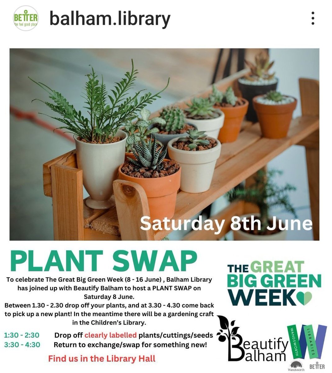 Im_Negomi's tweet image. NOT LONG NOW!
Saturday 8 June to celebrate this years #GreatBigGreenWeek,  #BalhamLibrary with @BeautifyBalham is hosting a #PlantSwap 🌿 
Drop your *clearly labelled* plants 1.30 to 2.30 &amp;amp; come back 3.30 to exchange.

@Better_Balham
@wandsworthlibs
@balhamnewsie
 #GreenLibraries