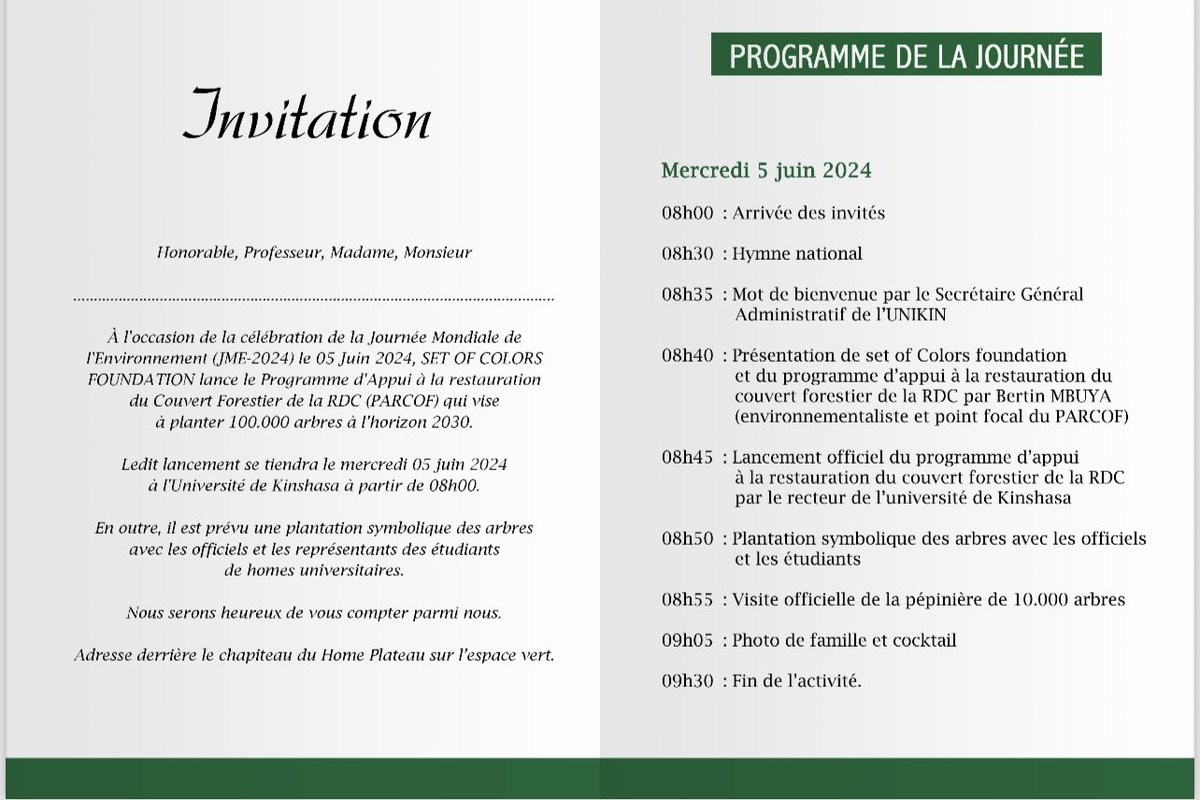 À l'occasion de la célébration de la Journée Mondiale de l'Environnement (JME-2024) le 05 Juin, *SET OF COLORS FOUNDATION* lance le Programme d'Appui à la restauration du Couvert Forestier de la RDC (PARCOF) qui vise à planter 100.000 arbres à l’horizon 2030.