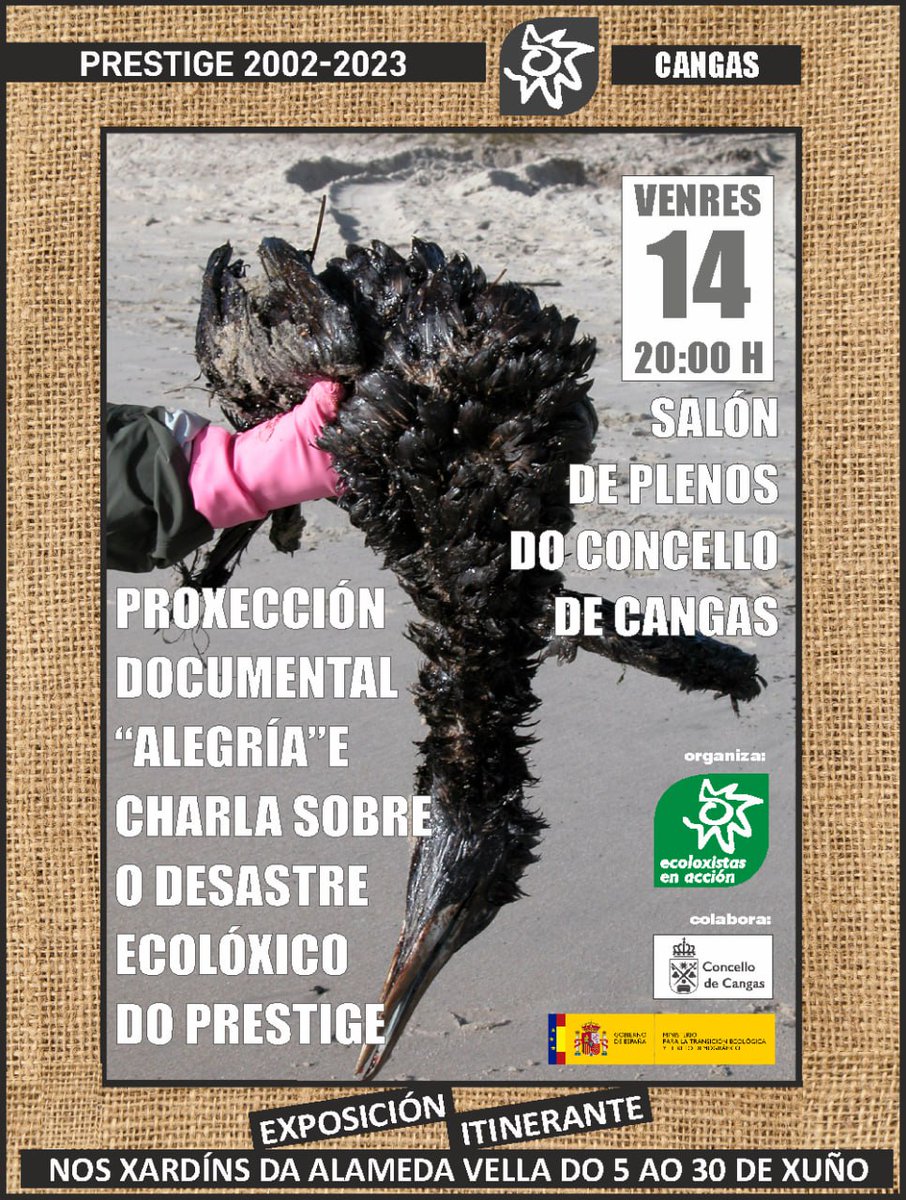 🎥 A nosa exposición itinerante sobre o desastre do Prestige viaxa esta semana a Cangas.

Con este motivo o venres 14 proxectaremos "Alegría" o documental que fixemos con <a href="/urcoproducions/">Urco</a> co gallo do 20 aniversario.
Facendo memoria do maior desastre medioambiental de Galiza.