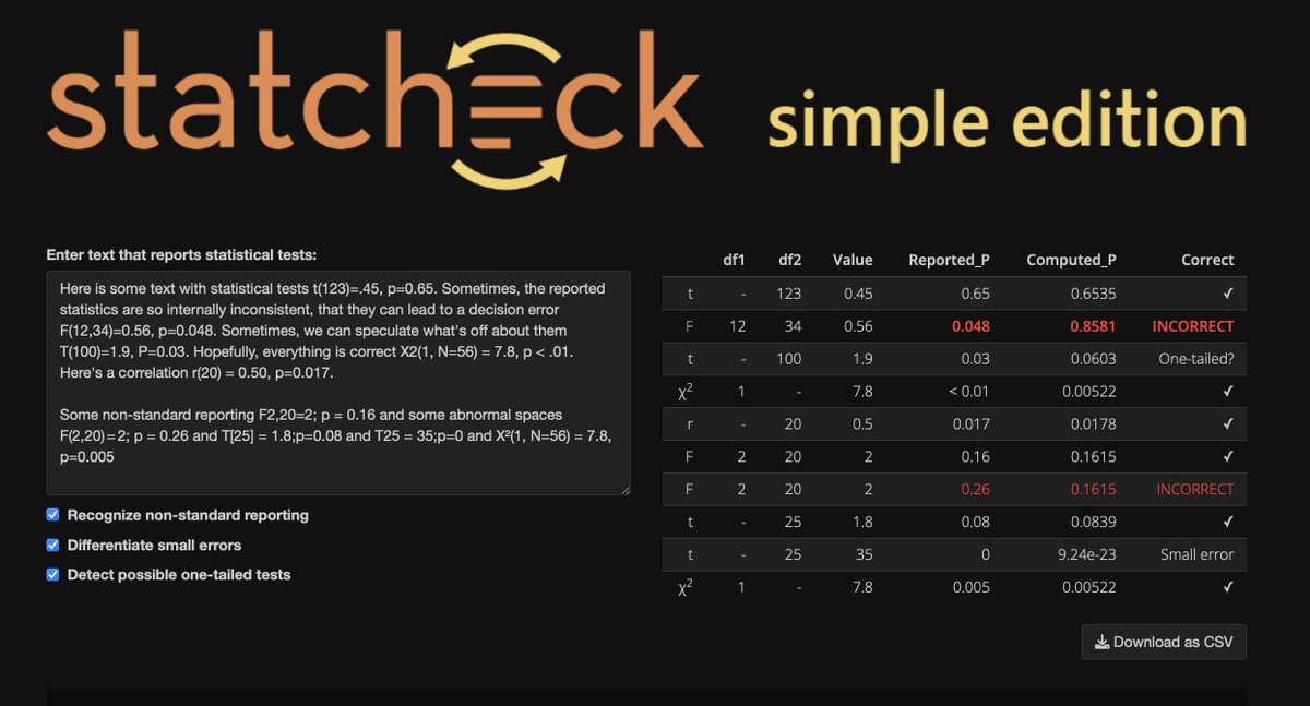 Dan Quintana (@dsquintana) on Twitter photo Just discovered that <a href="/sharoz/">Steve Haroz ๐๐๏ธ๐ง </a> put together a 'simple edition' of statcheck, where you can paste in text snippets that report statistical tests to check for any statistical inconsistencies statcheck.steveharoz.com Just discovered that <a href="/sharoz/">Steve Haroz ๐๐๏ธ๐ง </a> put together a 'simple edition' of statcheck, where you can paste in text snippets that report statistical tests to check for any statistical inconsistencies statcheck.steveharoz.com