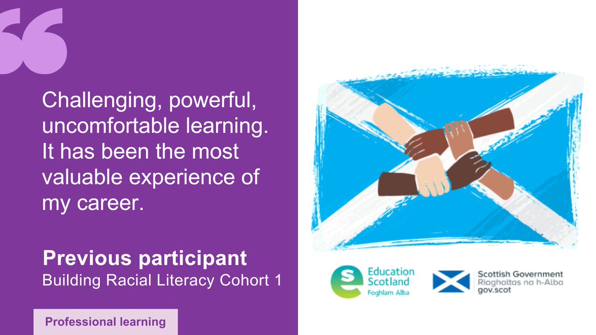 Have you heard that our award-winning Building Racial Literacy programme will be running again in 2024-25? Find out more about this learning opportunity and submit your application before the 19 June deadline! education.gov.scot/professional-l…
