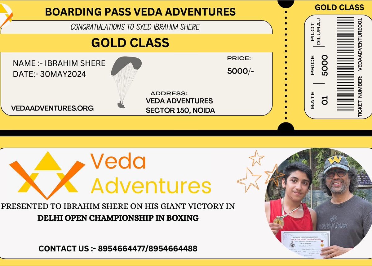 farazshere's tweet photo. Ibrahim's victory in his debut boxing bout brought him lots of blessings from our family &amp; friends.

And the latest is this Certificate of Achievement &amp;  free paramotoring gold tickets by @VedaAdventure, to encourage sportsmanship.

#VedaAdventure🏍️
#IbrahimShereWinsGold🏅 https://t.co/BTwnxq9Sxq
