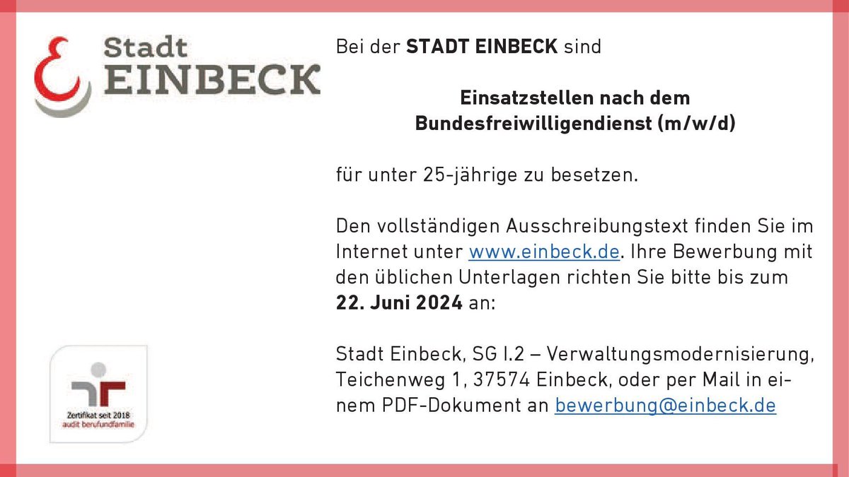 Die Stadt #Einbeck bietet Einsatzstellen nach dem #Bundesfreiwilligendienst an. #job