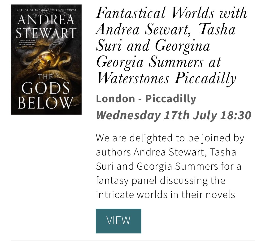 Andrea Stewart *THE GODS BELOW out now!* (@andreagstewart) on Twitter photo Iāll be at the Piccadilly Waterstones in London, July 17, at 6:30pm, for an event with the amazing <a href="/tashadrinkstea/">Tasha Suri Updates - Not Here</a> and <a href="/ge_summers/">Georgia Summers</a>!! Cannot WAIT! Iāll be at the Piccadilly Waterstones in London, July 17, at 6:30pm, for an event with the amazing <a href="/tashadrinkstea/">Tasha Suri Updates - Not Here</a> and <a href="/ge_summers/">Georgia Summers</a>!! Cannot WAIT!