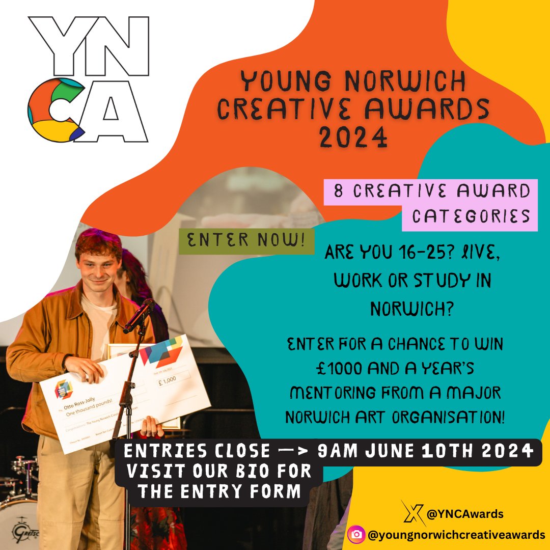 ATTENTION all young #Norwich creatives!
Fancy winning £1000? Enter our 2024 awards for your chance to win big and showcase your work.
7 days until entries close, so submit your creative work now - film, performing, music, writing, fashion &amp; textiles, visual art and digital art.