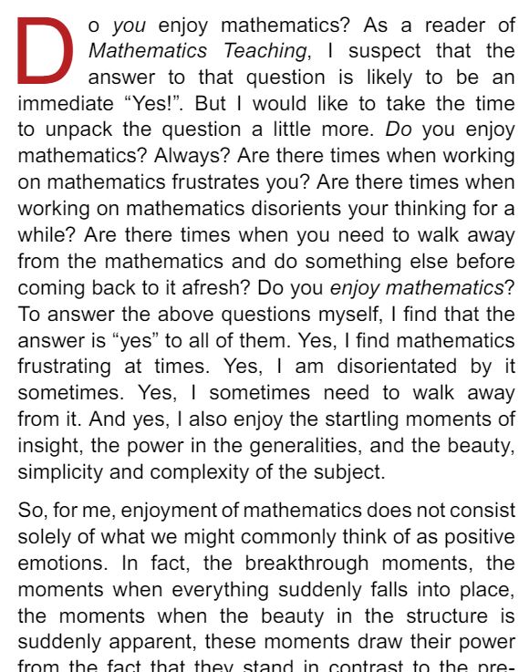 ATMMathematics's tweet photo. Continuing with #MTmonth24 read the article 'Should pupils enjoy mathematics' by Jay Timotheus published in MT286 which explores what enjoying mathematics might mean https://t.co/0h6k4WBfeK https://t.co/ZrPCEzgkAX
