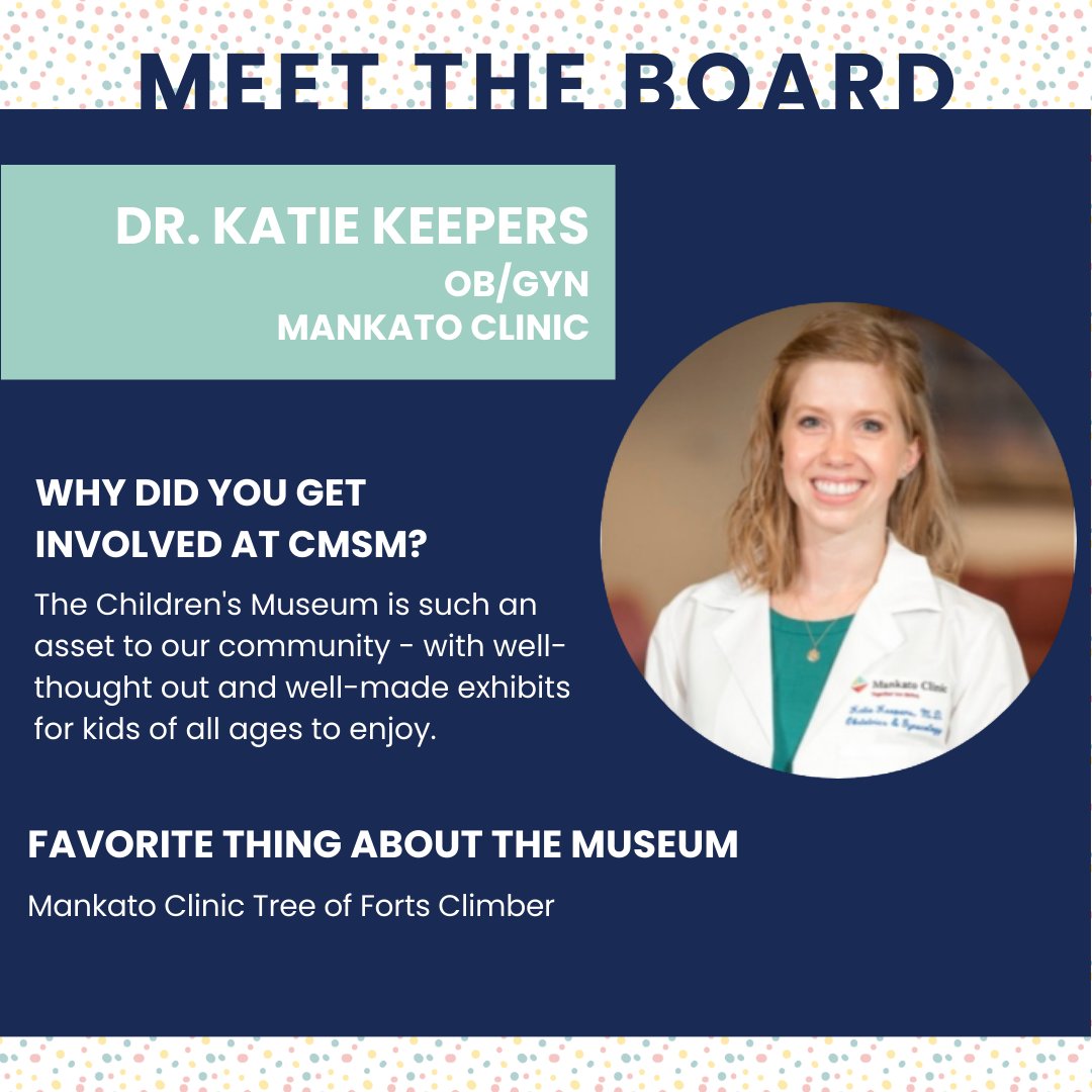 CMSMPlay's tweet photo. Meet the Board of Directors: Dr. Katie Keepers | OB/GYN | Mankato Clinic
The Children’s Museum of Southern Minnesota is governed by a team of distinguished advisors in the Greater Mankato area. Our dedicated board members consistently volunteer their time and resources to CMSM. https://t.co/5NEDeuzbkq