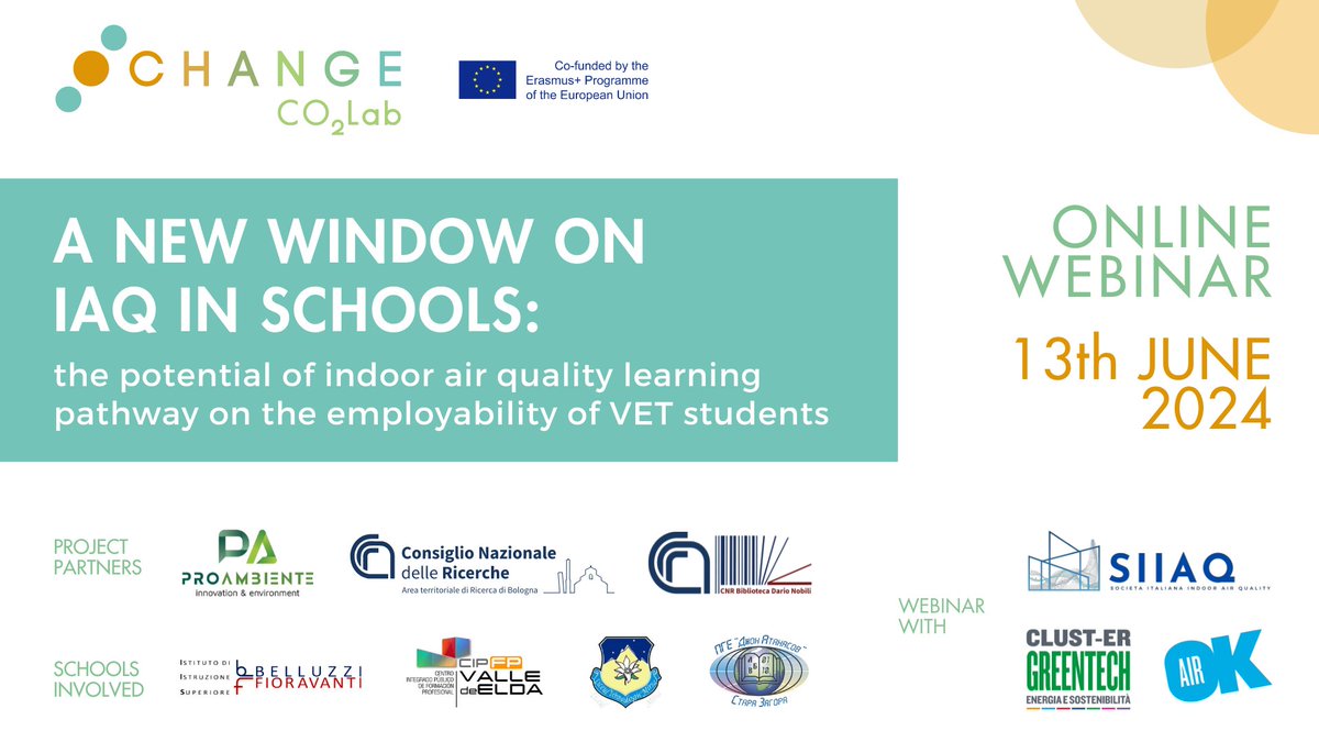 A NEW WINDOW ON IAQ IN SCHOOLS
📅 13.6
📲 Webinar 

Organizzato nell'ambito del progetto #CHANGE, per esplorare le potenzialità del #percorsoformativo per studenti delle superiori e gli sviluppi nel settore della #IAQ e del #benessere nelle aule.

&gt; consorzioproambiente.it/it/media-proam…