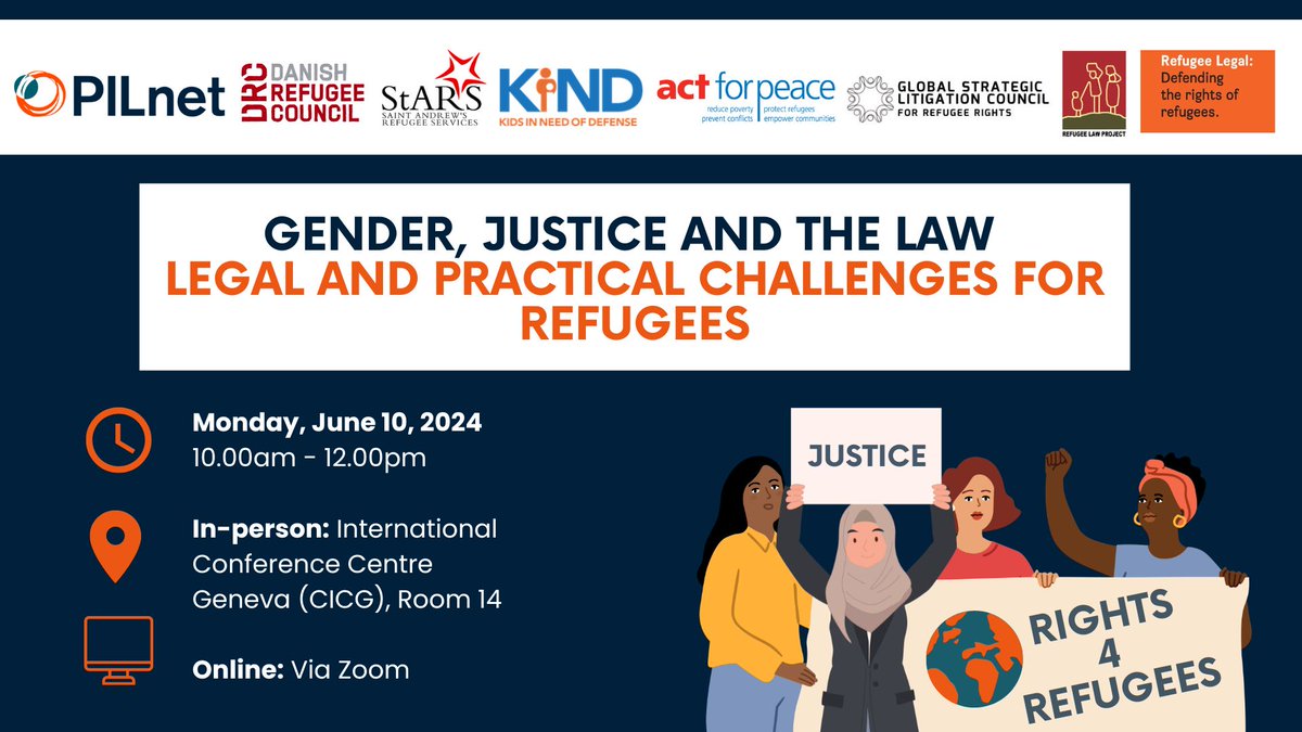 Jjsimperingham's tweet photo. Join @PILnet and partners next Monday for a hybrid event on “Gender, Justice and the Law; Legal and Practical Challenges for Refugees.”

Join us online or in person in Geneva.

Learn more and register here:  https://t.co/eslYb2ww9g https://t.co/Oc7kYcN1ll