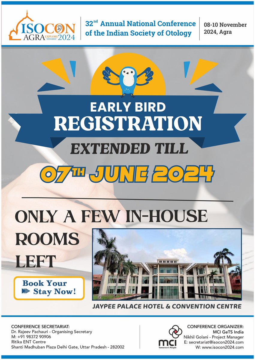 ISOCON2024's tweet photo. Announcement!

Early bird registration has been extended 7th June 2024. Hurry Up! Only 04 day left to avail this extended opportunity!

Rooms are filling up fast at Jaypee Palace Convention Centre. 

Click here for Registration &amp; Room Booking: https://t.co/RlX7lCuVZf

#isocon https://t.co/Z7IrOlCKrU