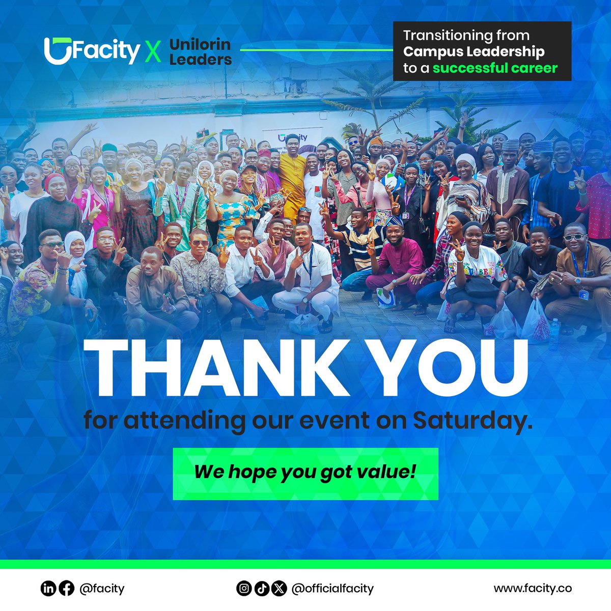 We called for student leaders across the University of Ilorin, and you responded! 💙

You are deeply appreciated for taking the time to join us and listen to what we had to share with you on Saturday.

We hope you got the value of your time.

#Facity #StudentLeadership #Thankyou