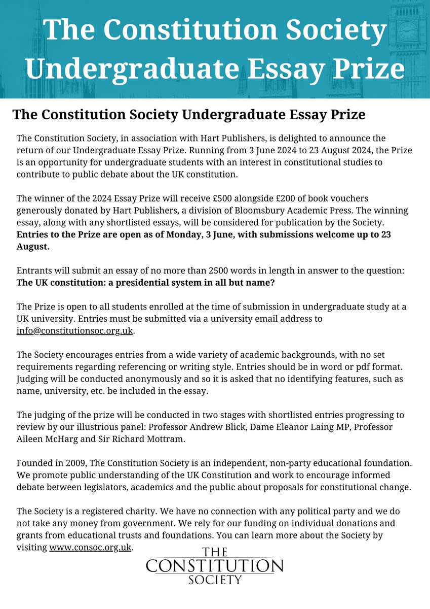 🚨The Constitution Society is delighted to announce that our Undergraduate Essay Prize 2024 in association with <a href="/hartpublishing/">Hart Publishing</a> is now open. Please share widely and encourage students to apply! 🚨
consoc.org.uk/undergraduate-…
