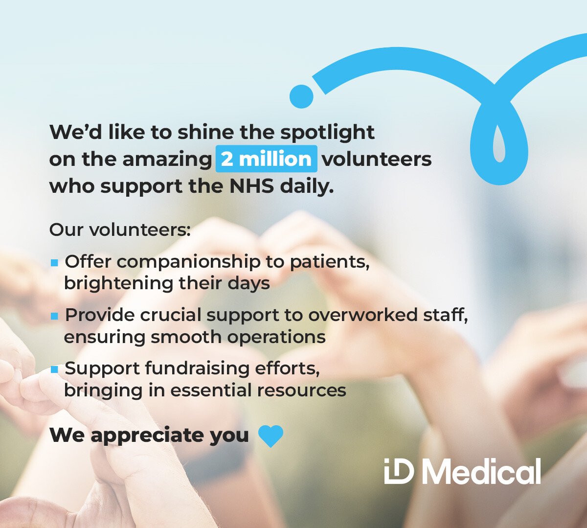 IDMedical's tweet image. This week we’re celebrating volunteers 🎉 

We would like to honour the incredible 2 million volunteers who support the NHS with their time, dedication, and kindness each year ❤

#NHSVolunteers #NHSThankYou #VolunteerHeroes #HealthcareChampions #IDMedical