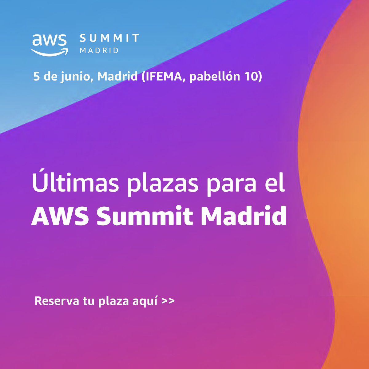 AWS España (@awscloud_es) on Twitter photo ¡Últimas plazas para el AWS Summit Madrid! Regístrate ahora y participa en el mayor evento AWS del año. go.aws/3wYLEJU ¡Últimas plazas para el AWS Summit Madrid! Regístrate ahora y participa en el mayor evento AWS del año. go.aws/3wYLEJU