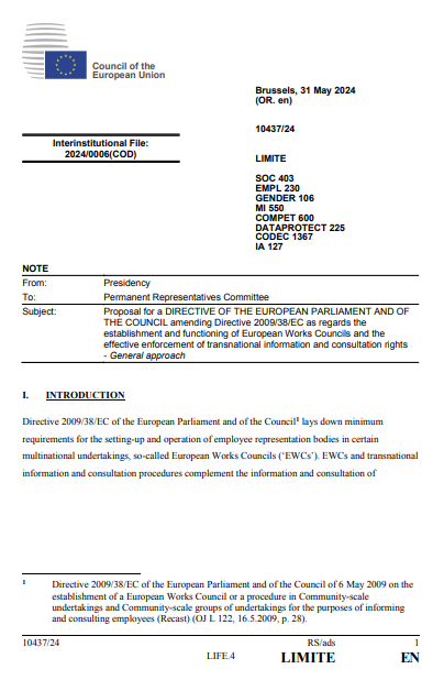 setomwork's tweet photo. The PCY @EU2024BE will push Member States #CoreperI on Wed. to agree to a compromise on #EuropeanWorksCouncils! 

Aiming for a negotiating mandate at #EPSCO on 20 June!

The text is less ambitious than EP's @RadtkeMdEP &amp; softer than @NicolasSchmitEU's on sanctions!

#EWC https://t.co/iRvtZQ3FuX