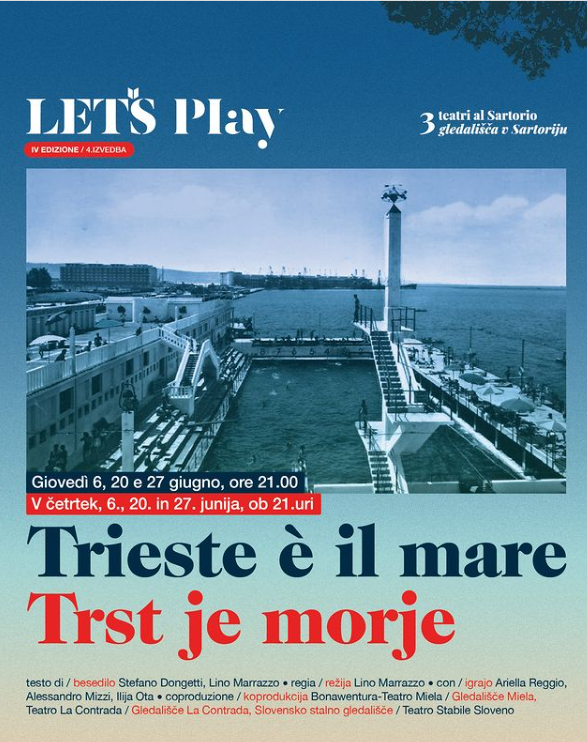 🎭 Trieste è il mare
📍 Giardino del Museo Sartorio, Largo Papa Giovanni XIII 1
🗓 Giovedì 6 giugno ore 21.00
🎟️ Spettacolo a pagamento
Primo appuntamento della rassegna teatrale estiva "Let's Play - Tre teatri al Sartorio" 

#TriestEstate