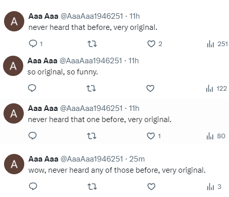 svenskuga's tweet photo. @AaaAaa1946251 @3YearLetterman @NickJFuentes One couldn't live up to your originality even if they tried, Adam. https://t.co/GUAsdRtHso