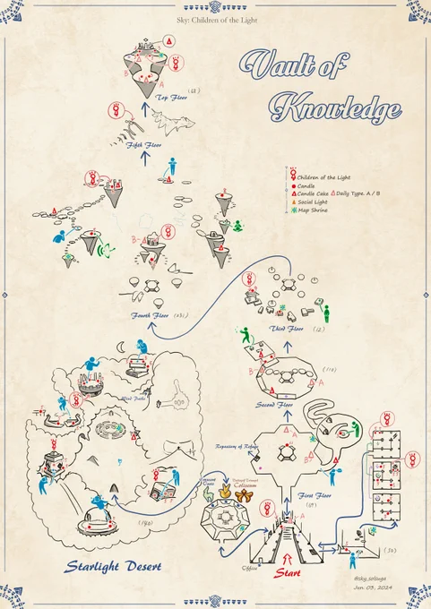 各エリアのマップNo.6「書庫」Ver.2024/06/030.25.5アップデート版白いキャンドルから光の欠片が無くなる修正に伴う変更(最上階祭壇の白キャン削除に続いて)3Fの白キャン削除#thatskygame#SkyChildrenOfTheLight#sky星を紡ぐ子どもたち #sky地図#書庫 