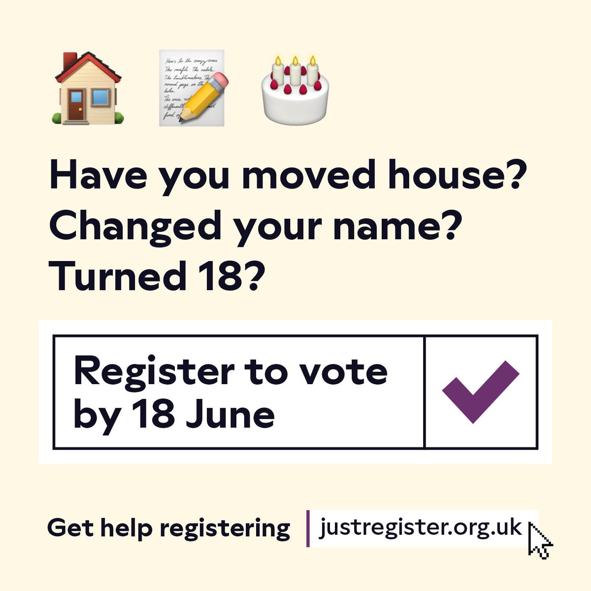 More people registered to vote means:

📣 More of a voice at the next election.
💪 More power in Parliament.
⚖️ A more equal democracy.

Register to vote ➡️ justregister.org.uk/?utm_source=tw…