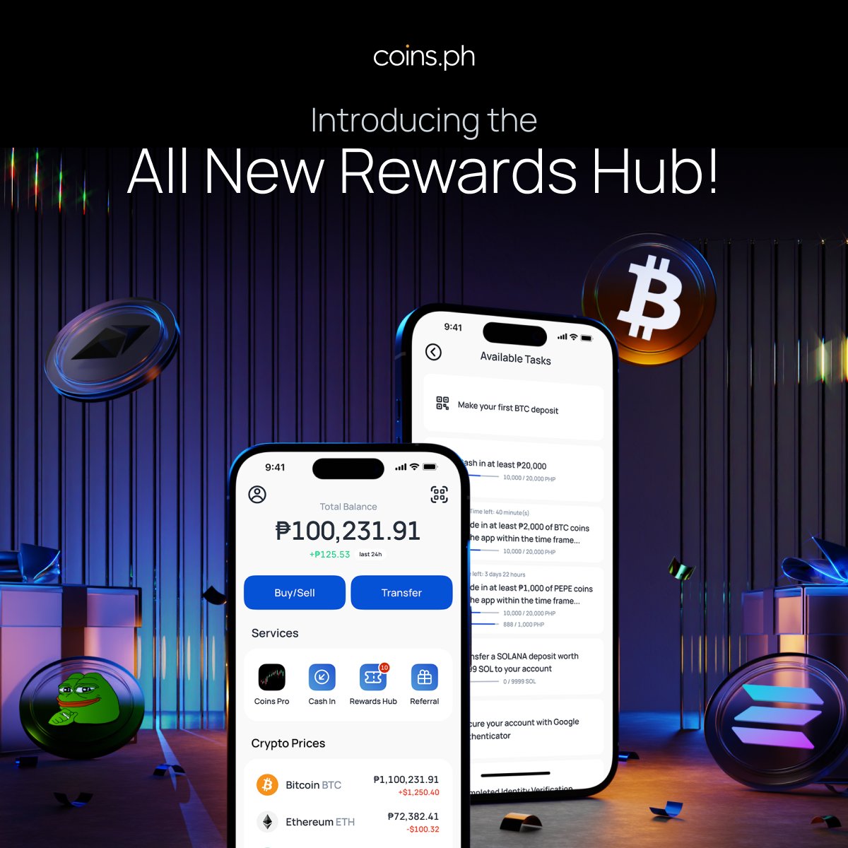 coinsph's tweet photo. 🎉 The All-New Rewards Hub is here! https://t.co/nwbIOfGZon users can now earn crypto and peso rewards for completing tasks and participating in promos! 

Simply:
📲 Open the Coins App
🏠 Navigate to ‘Rewards Hub’
✅ Complete tasks and receive rewards in 24 hours!

Learn more about this new app feature! 💸✨ https://t.co/CBuMFglZxN

#CoinsPH #RewardsHub
