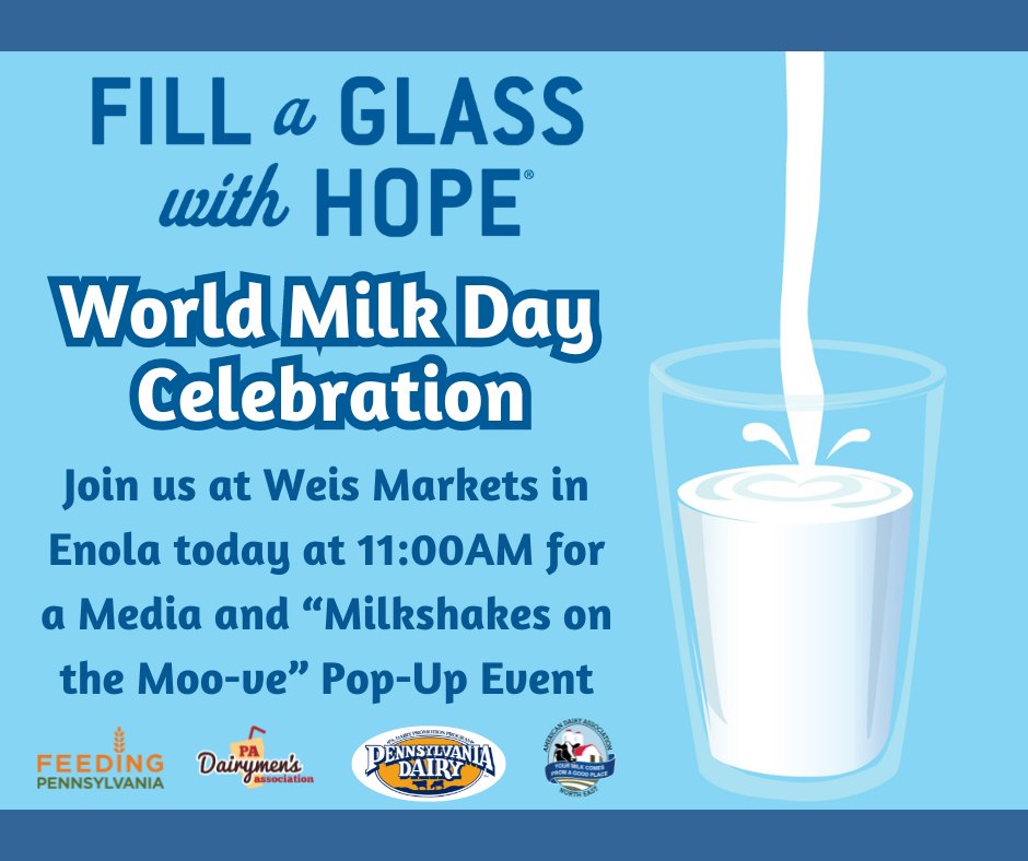 feedingpa (@feedingpa) on Twitter photo Join us TODAY at Weis Markets in Enola at 11:00am for a media and "Milkshakes on the Moo-ve" pop-up event to celebrate World Milk Day!
<a href="/padairymens/">PA Dairymenâs Association</a> will be there with their famous milkshake truck to serve you and to collect donations for the Fill a Glass with Hope. Join us TODAY at Weis Markets in Enola at 11:00am for a media and "Milkshakes on the Moo-ve" pop-up event to celebrate World Milk Day!
<a href="/padairymens/">PA Dairymenâs Association</a> will be there with their famous milkshake truck to serve you and to collect donations for the Fill a Glass with Hope.