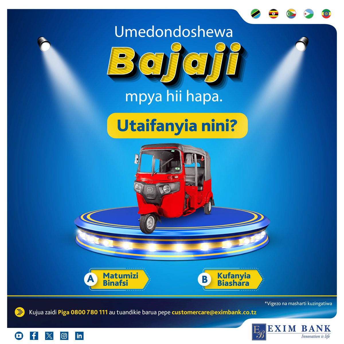 Exim_BankTZ's tweet photo. Umedondoshewa Bajaji mpyaaa kama hii hapa. Utaifanyia nini? 🥳💰

Follow page yetu leo, ili usipitwe na tulichokuandalia.

#EximBank #innovationislife #maokoto #mkwanja #bodaboda #bajaji https://t.co/Td7amhfoWr