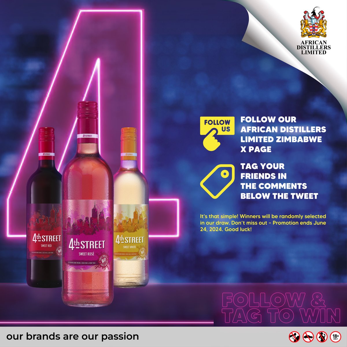 afdis_zw's tweet photo. Follow &amp; Tag to Win! Exciting 4thStreet Giveaway!
You could be one of FOUR lucky winners and here's how to enter:
1.Follow our African Distillers Limited Zimbabwe X Page
2.Tag 4 of your friends below this tweet.
Winners will be randomly selected in our draw. Promo ends 24/06/24 https://t.co/aMpWbXZXqt