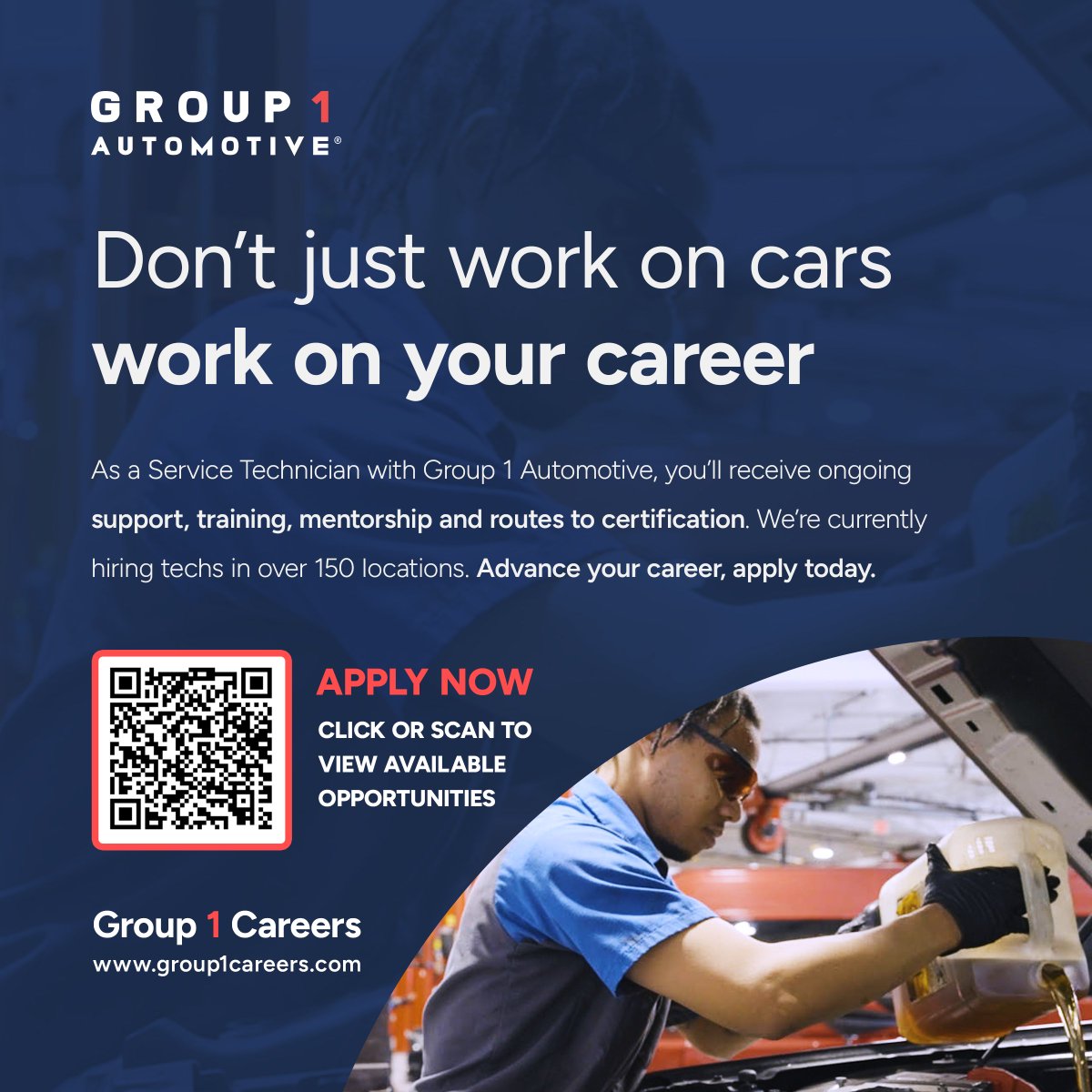 Group 1 Automotive is currently hiring service technicians in over 150 locations across the country. We offer market-leading pay, flexible 4-day work week schedules, great benefits, and ongoing training and support for technicians. Go to group1careers.com