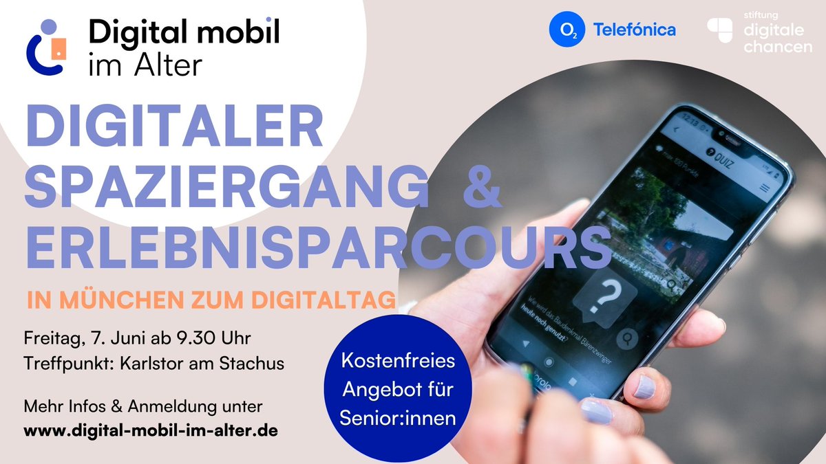 Stiftung Digitale Chancen (@digitalechancen) on Twitter photo Diesen Freitag ist <a href="/DigitaltagDE/">Digitaltag</a>! Zu diesem Anlass sind wir mit #DigitalMobilimAlter und <a href="/telefonica_de/">Telefónica Germany</a> unterwegs auf Digitaler #Schnitzeljagd durch Düsseldorf & München!
Alle Infos & Anmeldung:
👉 Düsseldorf: digitaltag.eu/aktion/digital…
👉 München: digitaltag.eu/aktion/digital… Diesen Freitag ist <a href="/DigitaltagDE/">Digitaltag</a>! Zu diesem Anlass sind wir mit #DigitalMobilimAlter und <a href="/telefonica_de/">Telefónica Germany</a> unterwegs auf Digitaler #Schnitzeljagd durch Düsseldorf & München!
Alle Infos & Anmeldung:
👉 Düsseldorf: digitaltag.eu/aktion/digital…
👉 München: digitaltag.eu/aktion/digital…