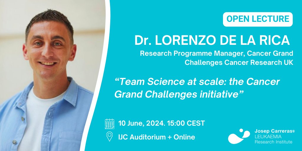 Josep Carreras Leukaemia Research Institute (IJC) (@carrerasijc) on Twitter photo Next Monday we’ll learn more about the Cancer Grand Challenges initiative (<a href="/CancerGrand/">Cancer Grand Challenges</a>) together with <a href="/LdelaRica/">Lorenzo de la Rica (he/him)</a>. Join us:
🗣️ “Team Science at scale: the Cancer Grand Challenges initiative”
🗓️ Monday, 10 June
🕒 15:00 CEST
📍 IJC Auditorium + Online
🔗 us06web.zoom.us/webinar/regist… Next Monday we’ll learn more about the Cancer Grand Challenges initiative (<a href="/CancerGrand/">Cancer Grand Challenges</a>) together with <a href="/LdelaRica/">Lorenzo de la Rica (he/him)</a>. Join us:
🗣️ “Team Science at scale: the Cancer Grand Challenges initiative”
🗓️ Monday, 10 June
🕒 15:00 CEST
📍 IJC Auditorium + Online
🔗 us06web.zoom.us/webinar/regist…