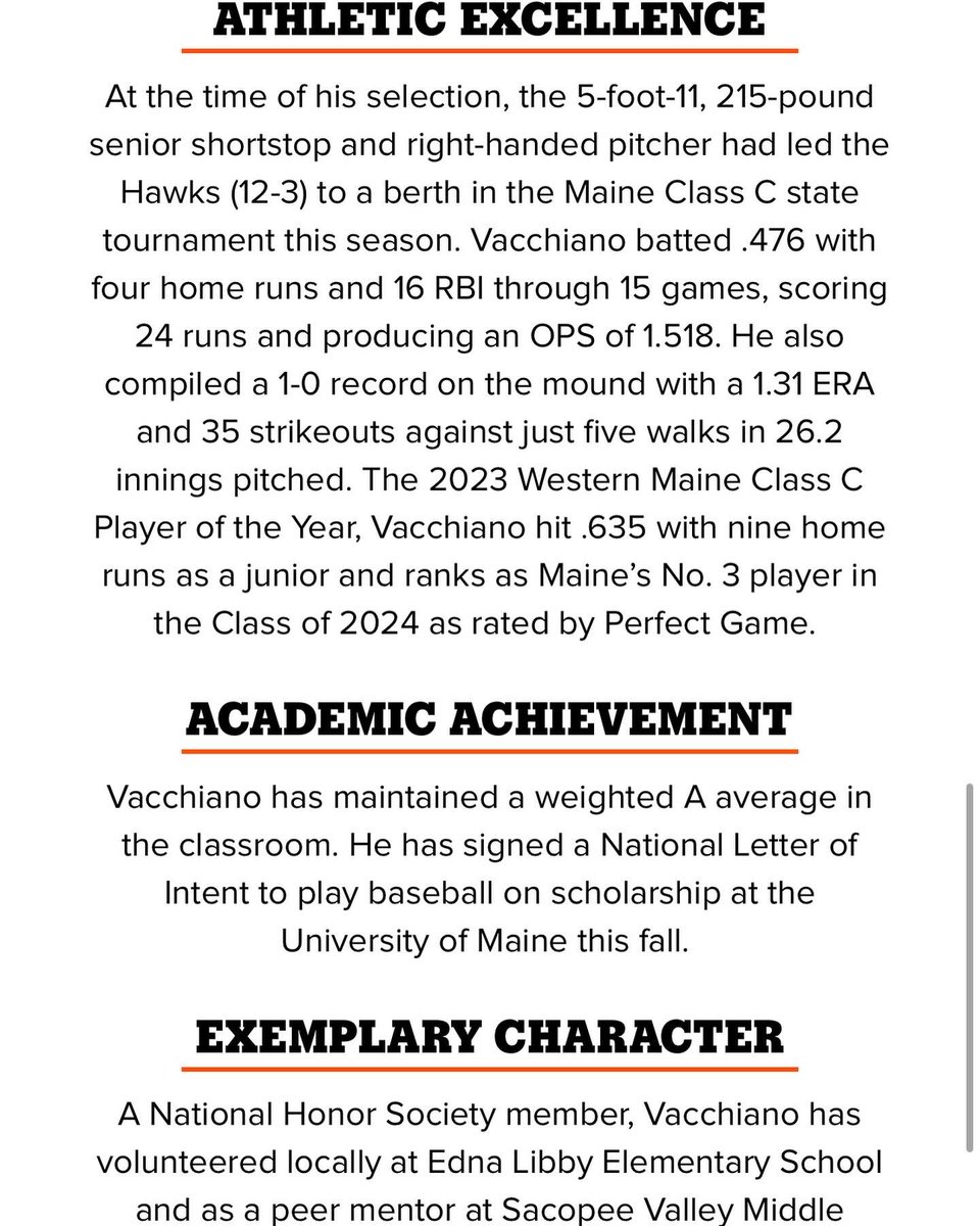 Congratulations to <a href="/cvacchiano16/">Caleb Vacchiano</a> on winning the 2024 Maine Baseball Gatorade Player of the Year. 

This is the second year in a row a SMRR player has won this award. No one more deserving! Congrats on a great career Caleb! #RatBall