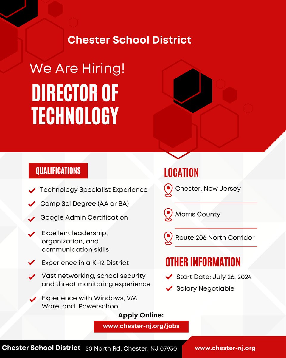 WeAreChesterNJ's tweet image. Job Posting: Director of Technology (Anticipated)
2024-2025 School Year 
Apply Online: chester-nj.org/jobs