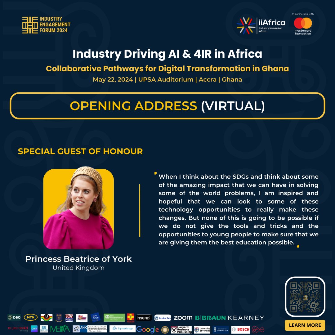 iiafrica_global's tweet photo. "I'm thrilled that there are wonderful organisations like this [#iiAfrica] that are doing exactly that and making sure that young people have everything they need to thrive in life." — #PrincessBeatrice

#IndustryEngagementForum #IEF2024 #AI #4IR #AdinkraQRcode #OnePersonCampaign https://t.co/5UJLQJAt17