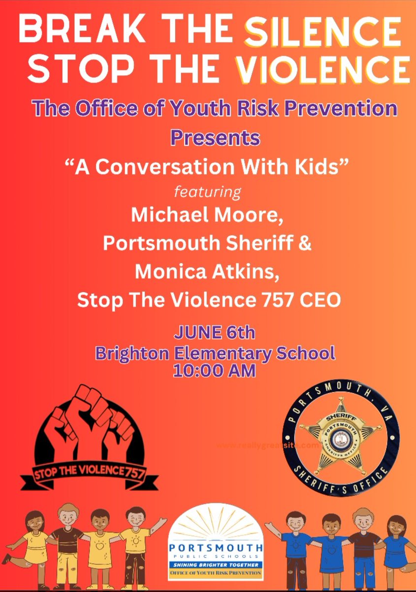 driddick73's tweet image. The Office of Youth Risk Prevention presents "A Conversation With Kids" with Portsmouth Sheriff Michael Moore and the CEO of Stop the Violence 757, Monica Atkins. #ppsorangeout
@PortsVASchools @cardellpatillo @ebracyPPS @BrightonVA @Sand120513 @hnealPPS