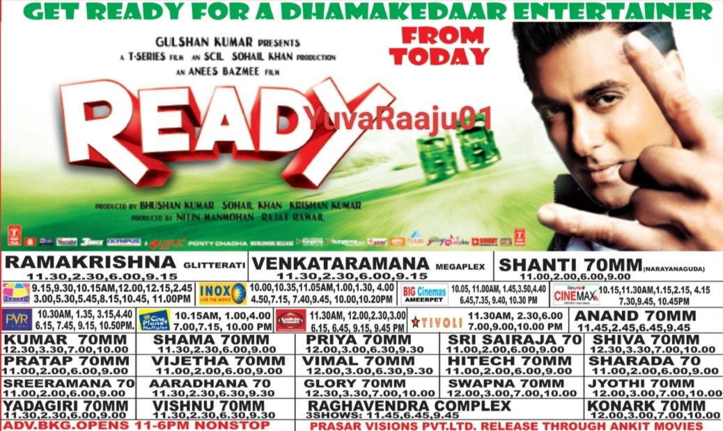 YuvaRaaju01's tweet photo. #13YearsForReady
Starring: @BeingSalmanKhan 

Official remake of TELUGU BLOCKBUSTER #Ready 

Day 1 - SHANTI 70MM - 2/4FULLS 👌

Hyd - RAMAKRISHNA 35MM - 35Days RUN 

Secbad - ANAND - 14Days RUN https://t.co/nMfWX9b61L