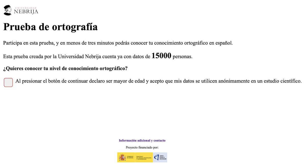 ¡Gracias por ayudarnos con este proyecto de investigación del <a href="/CINCnebrija/">CINC Nebrija</a> de <a href="/Nebrija/">Universidad Nebrija</a>!

Ya llevamos 15.000 pruebas.

¿Todavía no has medido tu conocimiento ortográfico? Puedes hacerlo a través de nebrija.com/ortografia 

<a href="/pruebaNebrija/">Nebrija Lectura</a> <a href="/jdunabeitia/">Jon Andoni 🔎🧠🔍</a> #pruebaNebrija