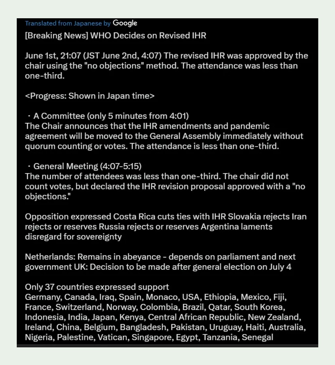 RealEddieHobbs's tweet photo. Ireland shamefully went along with this chaotic 'no objections' support with just 1/3 of members present. No surprise, the Irish civil service &amp; political establishment is infected with those shedding the 'Globalism' Virus, hangs around for years, cure requires lobotomy https://t.co/M4vV9k5VLf